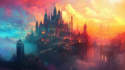 Obraz premium A vibrant, gothic-inspired floating city bathed in fiery hues.