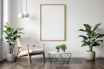 Stylish minimalist interior with armchair, coffee table, indoor plants, and golden frame on white wall, creative home decor concept. Ai generative