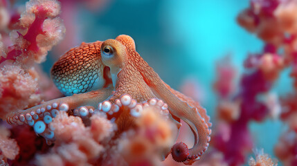 Octopus Hiding Among Corals with Vibrant Marine Colors and Soft Blur for Text


