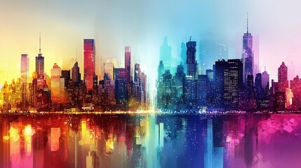 A vibrant, colorful cityscape reflected in a shimmering water, evoking a sense of futuristic urbanity.