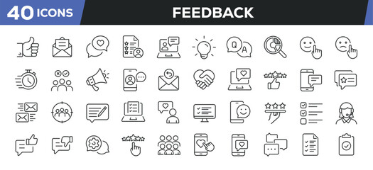 Feedback icons set. Web line icons collection related testimonial, satisfaction, rating, review. Editable stroke. Perfect pixel vector illustration isolated on white background.