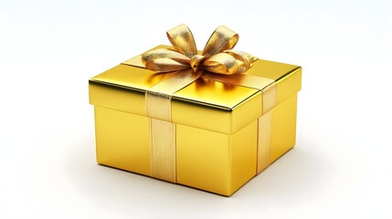 Elegant Golden Gift Box with Ribbon on White Background