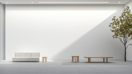 Fototapeta premium Minimalist Interior Design: Modern White Room with Wooden Furniture and Tree