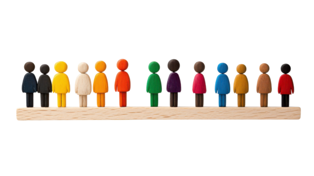 Colorful wooden figurines representing diversity and inclusion in community