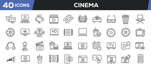 Cinema icons set. Web line icons collection related video, movie, entertainment. Editable stroke. Perfect pixel vector illustration isolated on white background.
