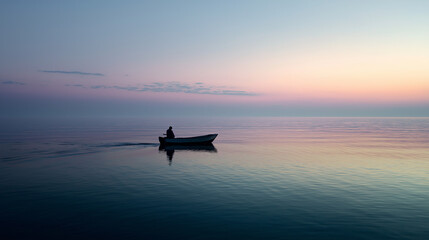 Fisherman on Small Boat at Dawn in Calm Ocean Waters with Open Sky