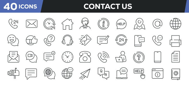 Contact us icons set. Web line icons collection related help, customer service, assistance. Editable stroke. Perfect pixel vector illustration isolated on white background.