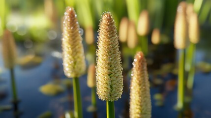 Close-up of Blooming Cattails with Dew Drops in a Wetland