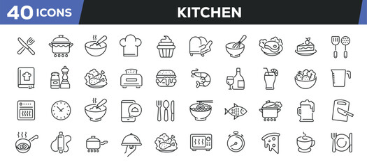 Kitchen icons set. Web line icons collection related cooking, food, drink, chef. Editable stroke. Perfect pixel vector illustration isolated on white background.