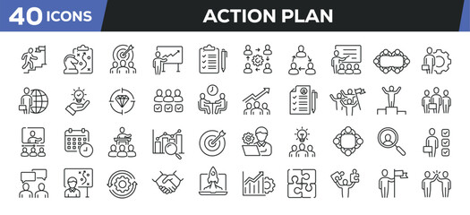 Action plan icons set. Web line icons collection related planning, strategy, teamwork, management. Editable stroke. Perfect pixel vector illustration isolated on white background.