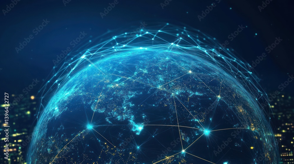 Poster interconnected world: global network visualization with glowing data nodes
