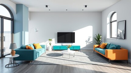 A modern teal and orange living room design featuring comfortable seating and natural light.