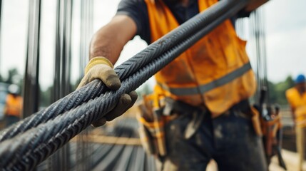 A Hispanic construction worker lifting a steel rod at a construction site. Featuring strength and perseverance