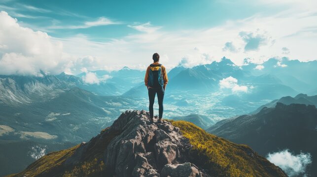 Man on mountaintop inspiring landscape view