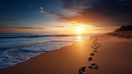 Beach Sunrise Scene with Footprints on Sand and Clear Sky for Text