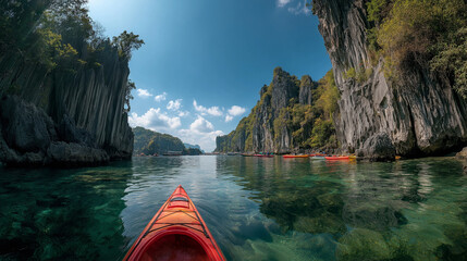 Tourists Kayaking Near Limestone Cliffs in Tropical Sea with Headline Space

