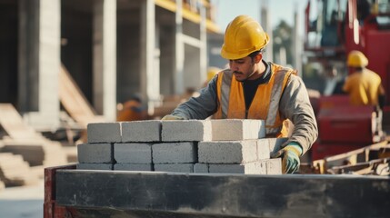 A Hispanic construction worker loading materials into a truck at a construction site. Featuring teamwork and efficiency