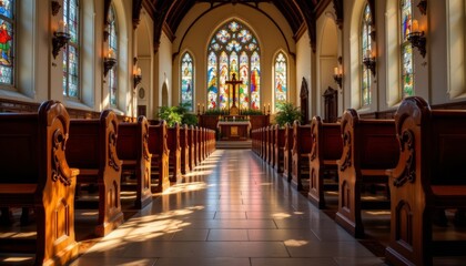 Fototapeta premium Church Interior with Stained Glass Windows