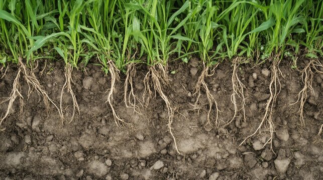 Healthy, aerated soil with visible deep roots breaking through compacted layers.