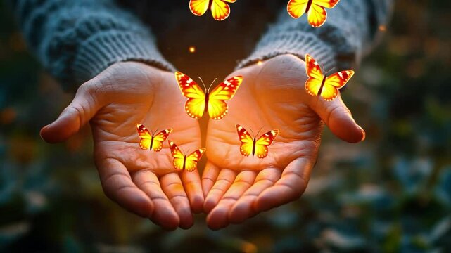 Handful of Hope: Delicate butterflies, radiant with an ethereal glow, flutter gracefully from cupped hands in this evocative and symbolic image of freedom, transformation, and the beauty of nature. 