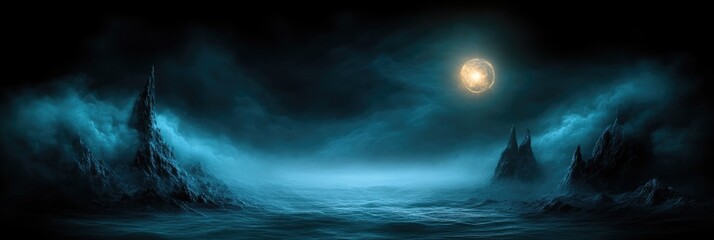 Naklejka premium Misty Night Landscape with Moonlit Peaks