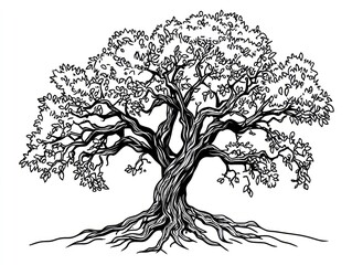 Majestic Oak Tree, Roots Visible, White Background, Nature Illustration (1)