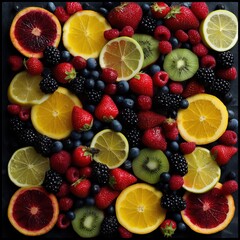 A vibrant, colorful fruit platter featuring a color contrast of lime, grapefruit, kiwi, blueberries, blackberries and strawberries
