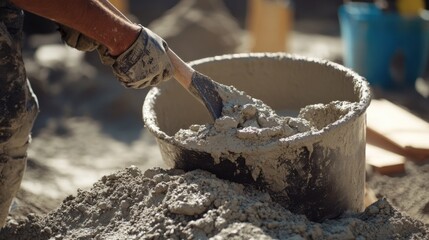 A Hispanic construction worker mixing cement with a shovel at a construction site. Featuring hard work and focus