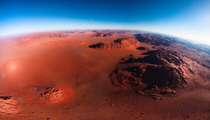 火星が広大な宇宙に漂い、赤い砂漠のような表面とクレーターが静かに広がっている。星々は見えず、火星だけが孤独に漂っている

