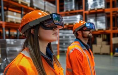 Two Workers Wearing Vr Headsets in a Warehouse