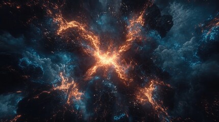 Obraz premium Thunderous explosion of blue and yellow electricity splitting the dark sky, radiating pure energy.