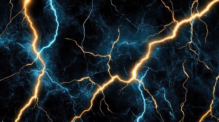 Thunderstorm chaos as electric blue and golden lightning arcs strike simultaneously against a black void.