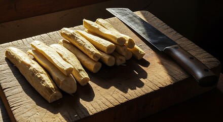 Preparing Cassava Root Sticks on Cutting Board with Knife in Sunlight