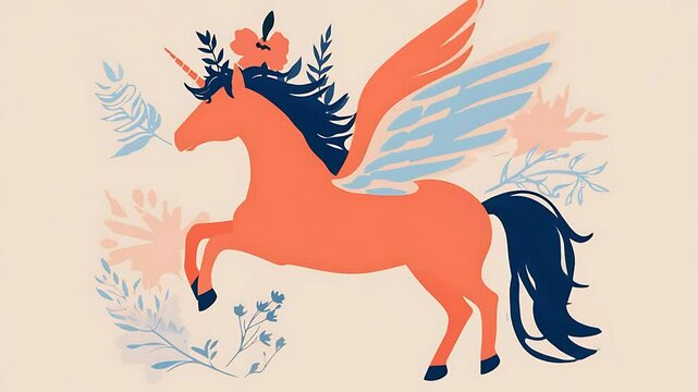 Festive winged unicorn amidst floral accents