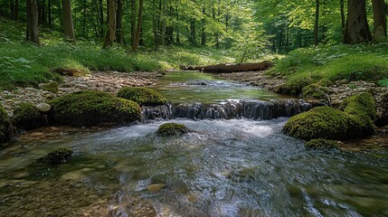 Obraz premium A flowing stream cascades through a vibrant green forest landscape