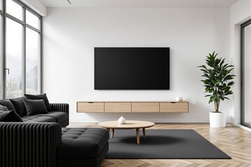 Stylish living room interior featuring modern furniture, creative minimalist style, wood floor and white background. Concept of cozy contemporary lifestyle. Ai generative