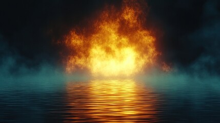 Fire reflecting on water; dark, misty background with a surreal, ominous feel