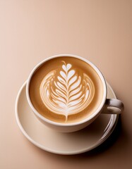 淡いベージュの静かな背景にそっと置かれたカップ、ミルクとエスプレッソが描く繊細なラテアート

