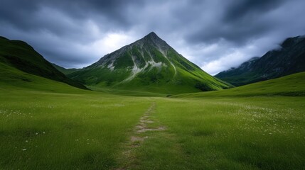 Fototapeta premium Mountain valley vista. Lush green meadow, path to peak under dramatic sky