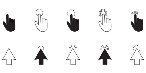 Mouse Cursors and Pointers, linear style icon set. On-screen navigation and user interactions. Cursor designs arrows, hands. Clicking, selecting, dragging actions. Hand and mouse click icon.