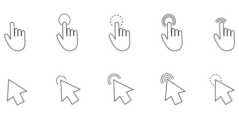 Mouse Cursors and Pointers, linear style icon set. On-screen navigation and user interactions. Cursor designs arrows, hands. Clicking, selecting, dragging actions. Hand and mouse click icon.