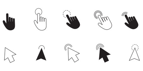 Mouse Cursors and Pointers, linear style icon set. On-screen navigation and user interactions. Cursor designs arrows, hands. Clicking, selecting, dragging actions. Hand and mouse click icon.