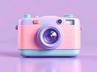 Pastel-colored retro camera, playfully designed, sits on a reflective surface.