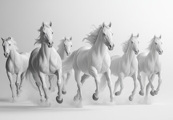White Horses Galloping: A dynamic image of several pristine white horses in full stride, capturing the power and grace of these magnificent animals in motion.