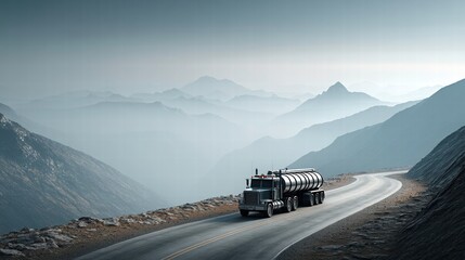 Large Fuel Truck Maneuvering on Winding Mountain Road Aerial View of Transport in Scenic Environment