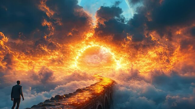 Path to enlightenment: A lone figure treads a fiery path towards an ethereal celestial portal, framed by dramatic cloud formations and radiant light, symbolic of transformation.