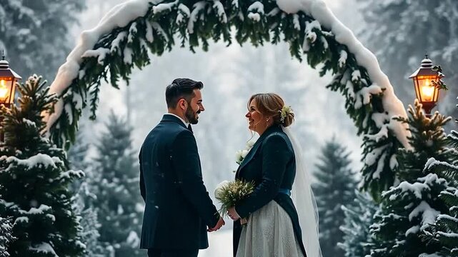 Magical Winter Wedding, A Beautiful Bride and Groom Exchange Vows in Snow Forest