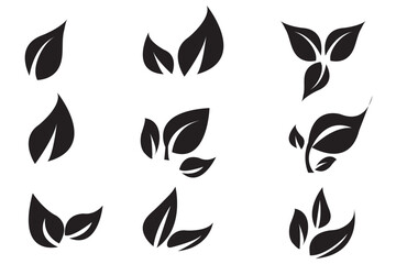 Eco leaves black set. Collection of graphic elements for website. Symbol of spring and summer. Natural and organic cosmetics products. Cartoon flat vector illustrations isolated on white background.