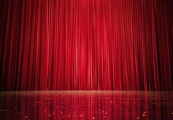 Curtain Rising: A dramatic stage beckons, shrouded in a deep red curtain. The polished floor reflects the light, inviting anticipation and performance.