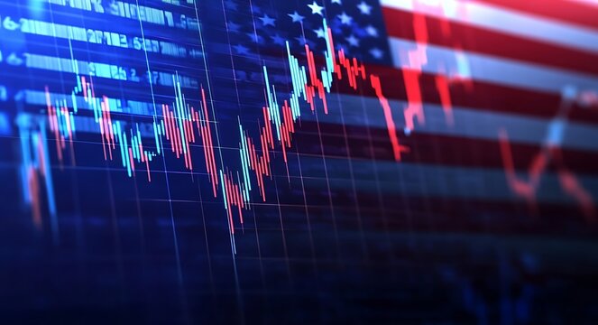 A stock market display showing the U.S. flag and financial data, with numbers in English on it The background is blurred to highlight details of an American wallpaper design with the U.S Generative AI